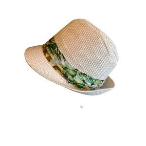 White Straw Fedora Hat With Tropical Band One Size